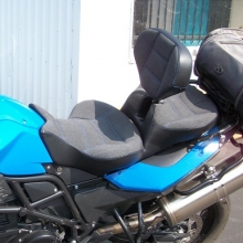 BMW F800GS: Dual with RCP Built-in Drivers Backrest, Sunbrella Slate inserts with Blue stitching