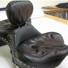 Harley Davidson Seat: All Leather | Red Flame Pattern | Stock Dr. Backrest | Passenger Backrest | Studs Added | RCP Dual Heat