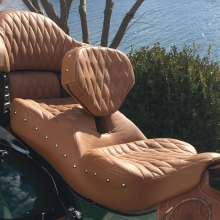 Dual all Indian Brown Leather, Small Diamonds with Beaver Stitching, RCP Built-in Drivers backrest and matching Studs