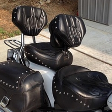 Dual all Black Vinyl with custom flame stitching, RCP built-in driver backrest with pouch and studs throughout